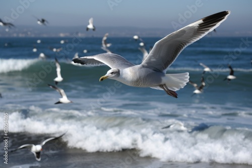 seagull soaring above marine mammals and their habitats, created with generative ai