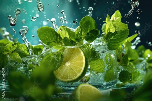 fresh lime with green leaves and splashes of water on a blue background  Generative AI