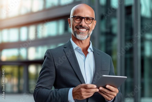 Portrait of a mature businessman using a digital tablet outside. AI Generative