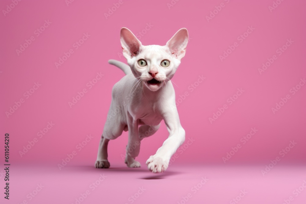 Full-length portrait photography of a happy devon rex cat pouncing against a pastel or soft colors background. With generative AI technology