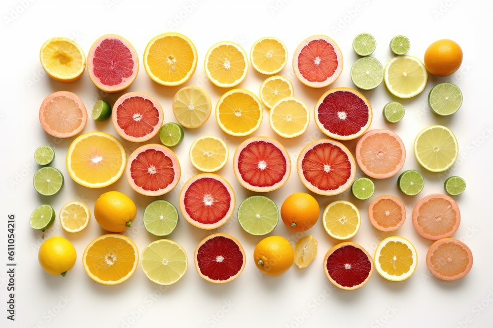 mix of colorful citrus fruits on a white background, Generative AI mix of colorful citrus fruits on a white background, Generative AI