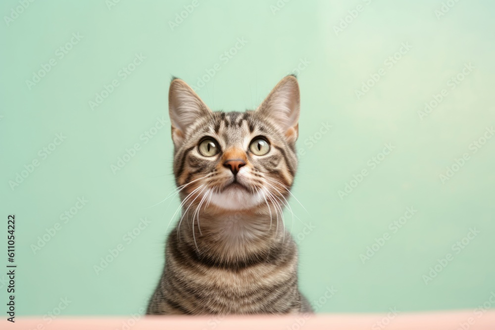 Group portrait photography of a funny tabby cat exploring against a pastel or soft colors background. With generative AI technology