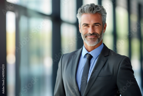 Boss man looking at camera and smiling, young businessman banker with beard photo with close up portrait. AI Generative