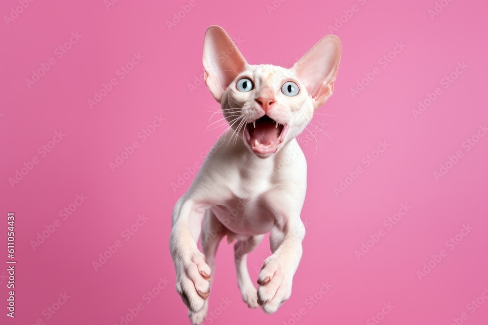 Medium shot portrait photography of a smiling cornish rex cat pouncing against a pastel or soft colors background. With generative AI technology