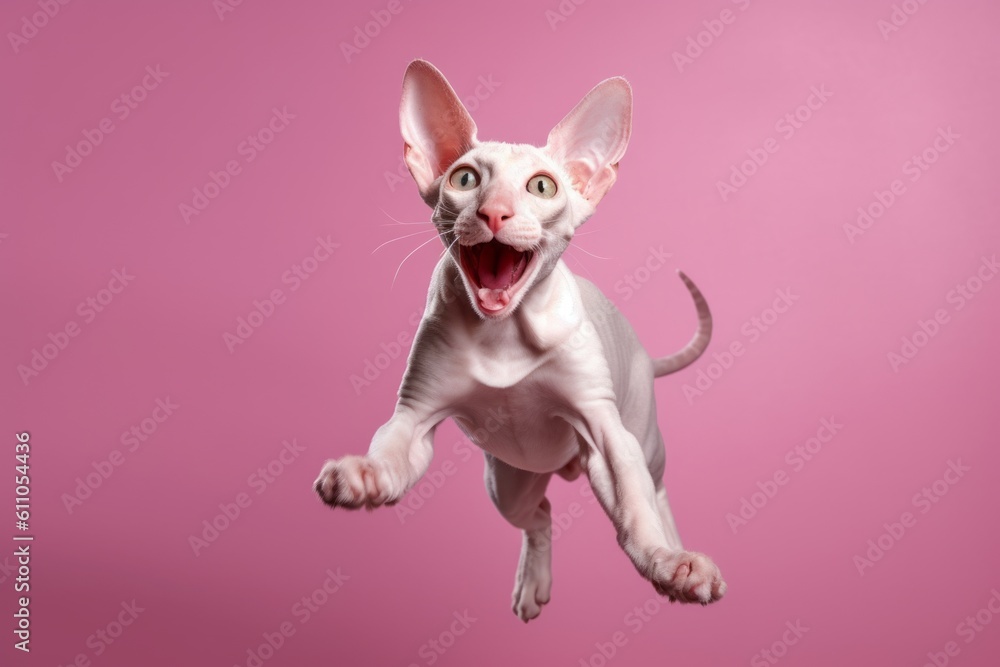 Medium shot portrait photography of a smiling cornish rex cat pouncing against a pastel or soft colors background. With generative AI technology