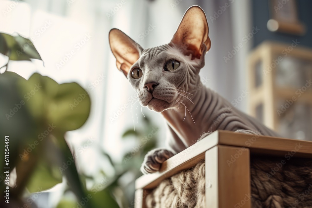 Medium shot portrait photography of a smiling sphynx cat climbing against a cozy living room background. With generative AI technology