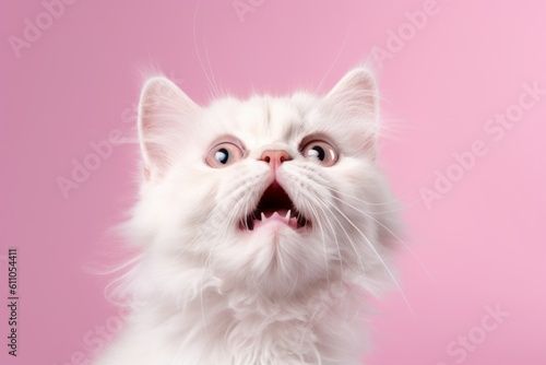 Environmental portrait photography of a curious selkirk rex cat skulking against a pastel or soft colors background. With generative AI technology
