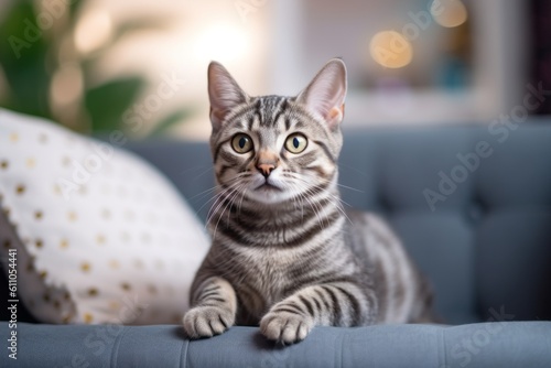 Lifestyle portrait photography of a smiling american shorthair cat playing against a cozy living room background. With generative AI technology