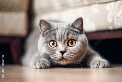 Close-up portrait photography of a cute british shorthair cat paw-licking against a cozy living room background. With generative AI technology