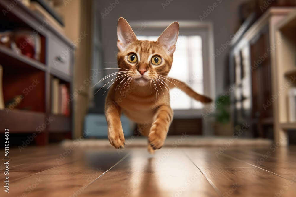 Studio portrait photography of a cute abyssinian cat sprinting against a cozy living room background. With generative AI technology Studio portrait photography of a cute abyssinian cat sprinting against a cozy living room background. With generative AI technology