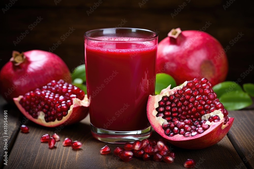 glass of fresh pomegranate juice and pomegranates on a wooden table, Generative AI glass of fresh pomegranate juice and pomegranates on a wooden table, Generative AI