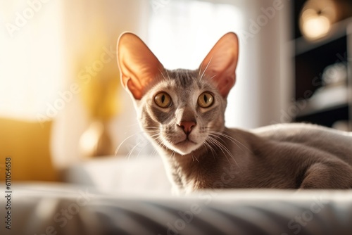 Lifestyle portrait photography of a funny oriental shorthair cat back-arching against a cozy living room background. With generative AI technology