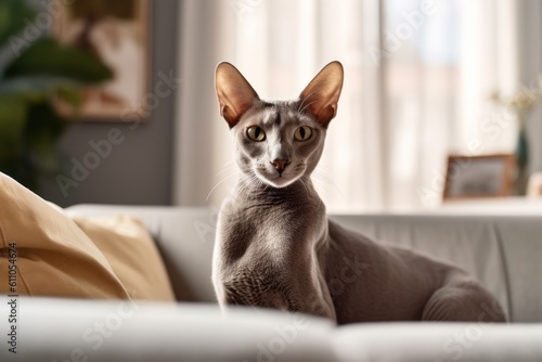 Full-length portrait photography of a happy oriental shorthair cat exploring against a cozy living room background. With generative AI technology