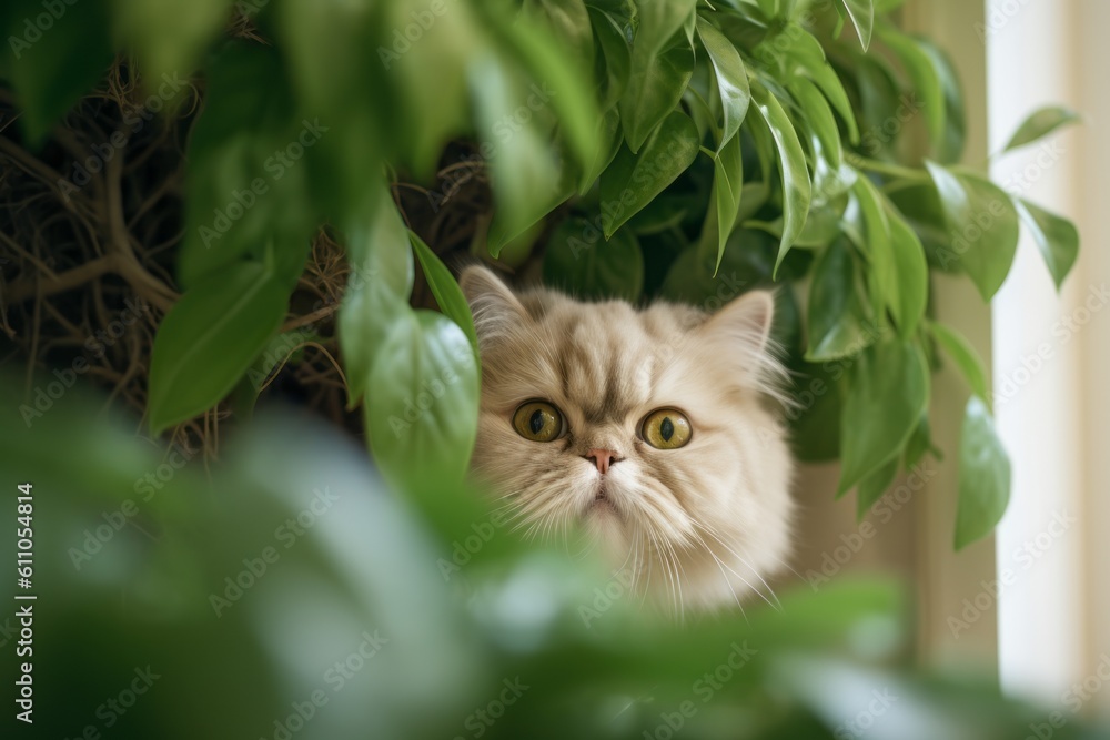 Environmental portrait photography of a funny persian cat wall climbing against an indoor plant. With generative AI technology