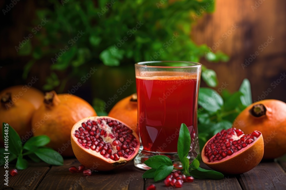 glass of fresh pomegranate juice and pomegranates on a wooden table, Generative AI glass of fresh pomegranate juice and pomegranates on a wooden table, Generative AI