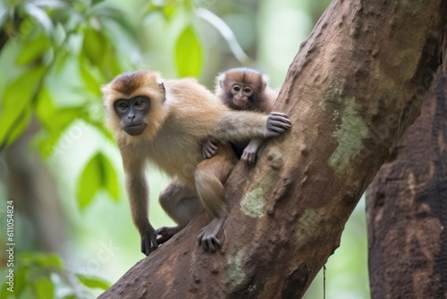 mother monkey climbing tree, with infant riding on her back, created with generative ai © altitudevisual