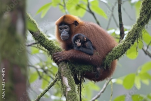 mother monkey with infant clinging tightly to her back, as she moves through the treetops, created with generative ai