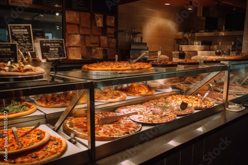 pizzeria with display of pizza varieties and toppings, providing customers with endless possibilities, created with generative ai