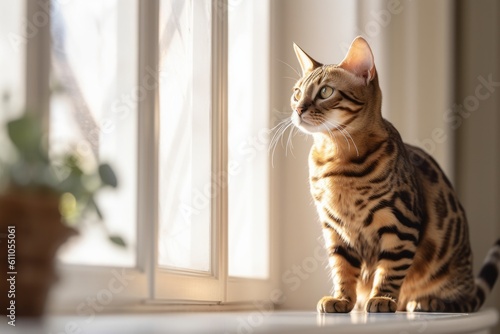 Environmental portrait photography of a cute bengal cat exploring against a bright window. With generative AI technology