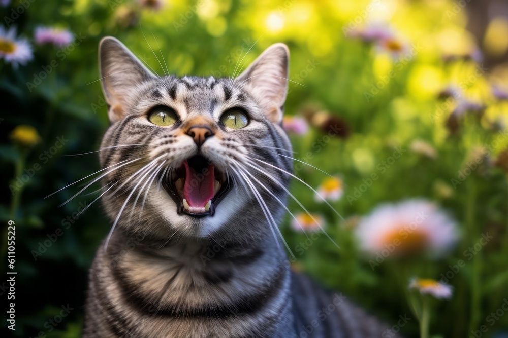 Fototapeta premium Medium shot portrait photography of a smiling american shorthair cat meowing against a garden backdrop. With generative AI technology
