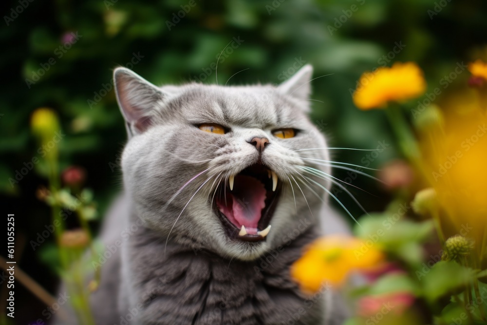 Environmental portrait photography of a smiling british shorthair cat growling against a garden backdrop. With generative AI technology