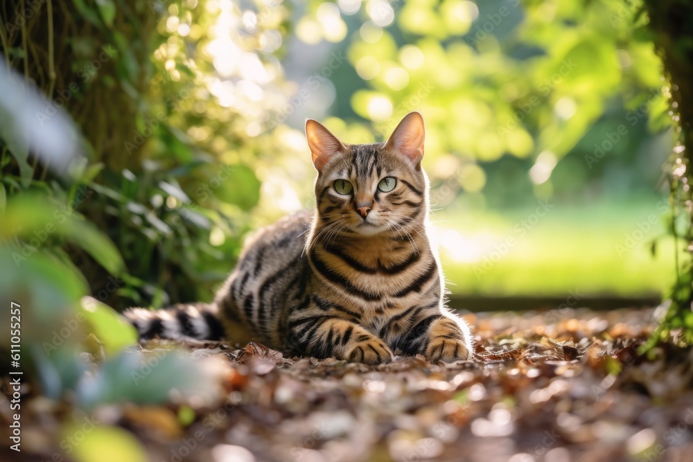 Full-length portrait photography of a tired bengal cat crouching against a garden backdrop. With generative AI technology