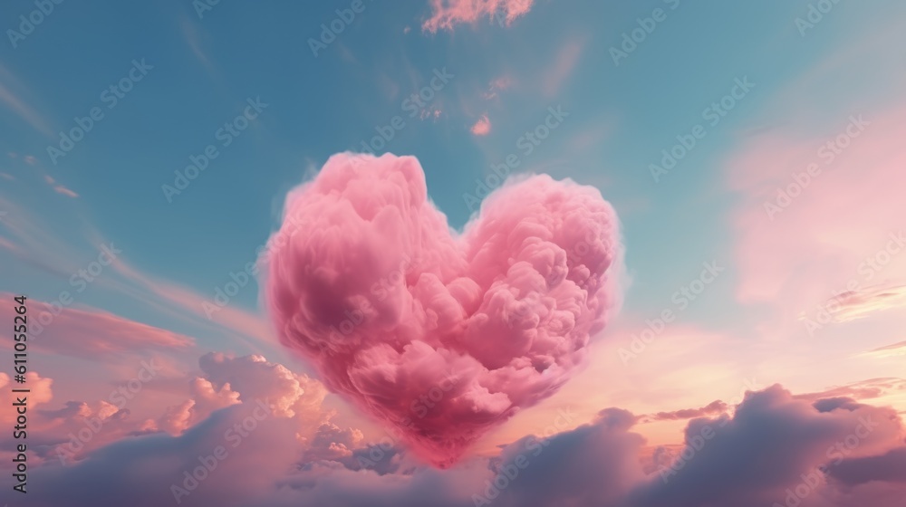 Beautiful clouds in heart shape on pink sky in Vintage style for Happy valentines day or wedding concept and copy space. Generative AI Beautiful clouds in heart shape on pink sky in Vintage style for Happy valentines day or wedding concept and copy space. Generative AI