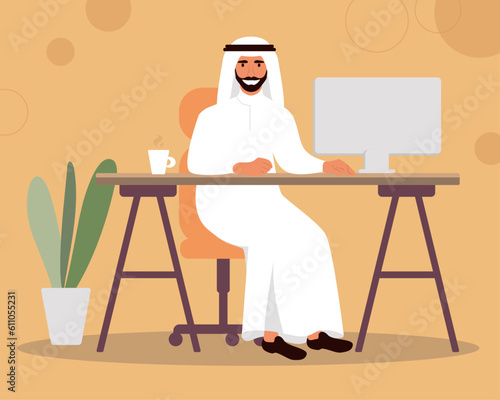 Arab Business Man Using Computer Muslim Entrepreneur In Modern Office Flat Vector Illustration