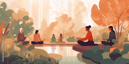 An illustration showing diverse individuals meditating in a peaceful park setting, conveying concepts of mindfulness, wellness, and emotional health