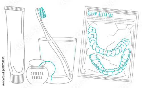 Oral health kit. Editable vector illustration in outline style