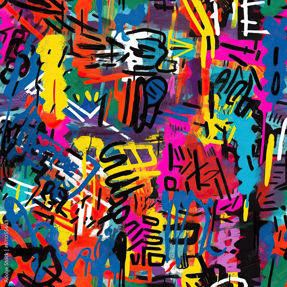 Naklejka premium Funky doodles seamless repeat pattern - colorful graffiti abstract art [Generative AI] 