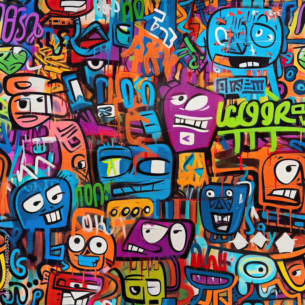 Obraz premium Funky doodles seamless repeat pattern - colorful graffiti abstract art