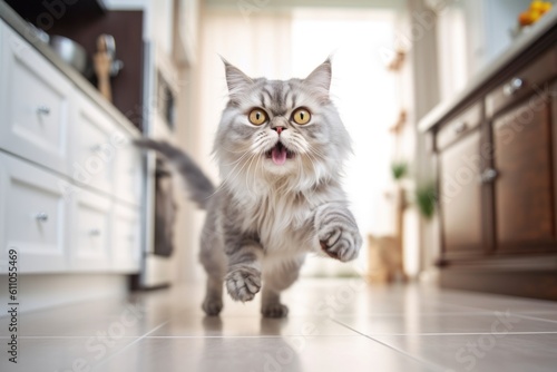 Environmental portrait photography of a funny persian cat pouncing against a modern kitchen setting. With generative AI technology