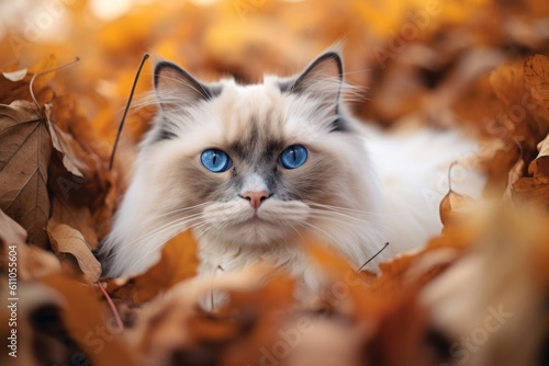 Close-up portrait photography of a cute ragdoll cat exploring against a rich autumn landscape. With generative AI technology © Markus Schröder