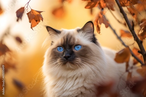 Lifestyle portrait photography of a funny ragdoll cat whisker twitching against a rich autumn landscape. With generative AI technology © Markus Schröder