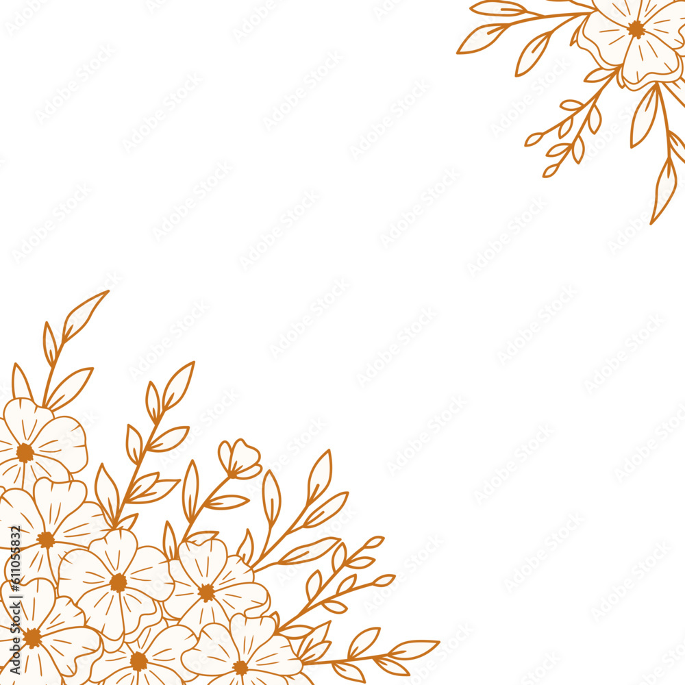 Elegant Gold floral corner border with hand drawn leaves and flowers for wedding or engagement Elegant Gold floral corner border with hand drawn leaves and flowers for wedding or engagement