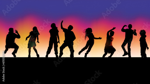 International Youth Day, a drawing of young people moving in front of the city and the skyline