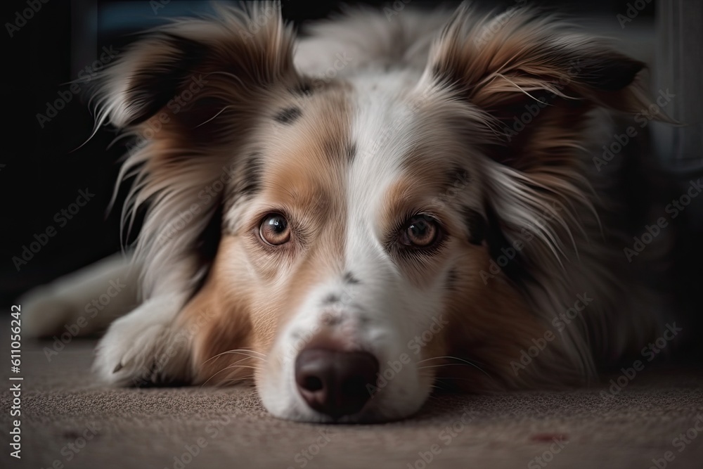 Portrait of border collie dog lying on the floor at home, Closeup of a dog lying on the carpet at home, AI Generated