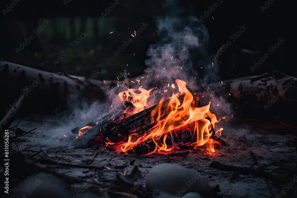 Burning campfire in the forest at night. Selective focus, Closeup of bonfire burning at night, AI Generated Burning campfire in the forest at night. Selective focus, Closeup of bonfire burning at night, AI Generated