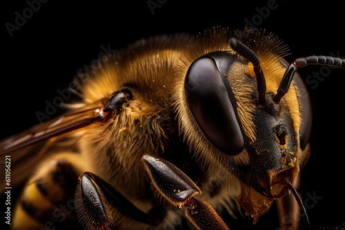 Macro of a bee on a black background. Shallow depth of field. close up of a bee collecting honey, AI Generated