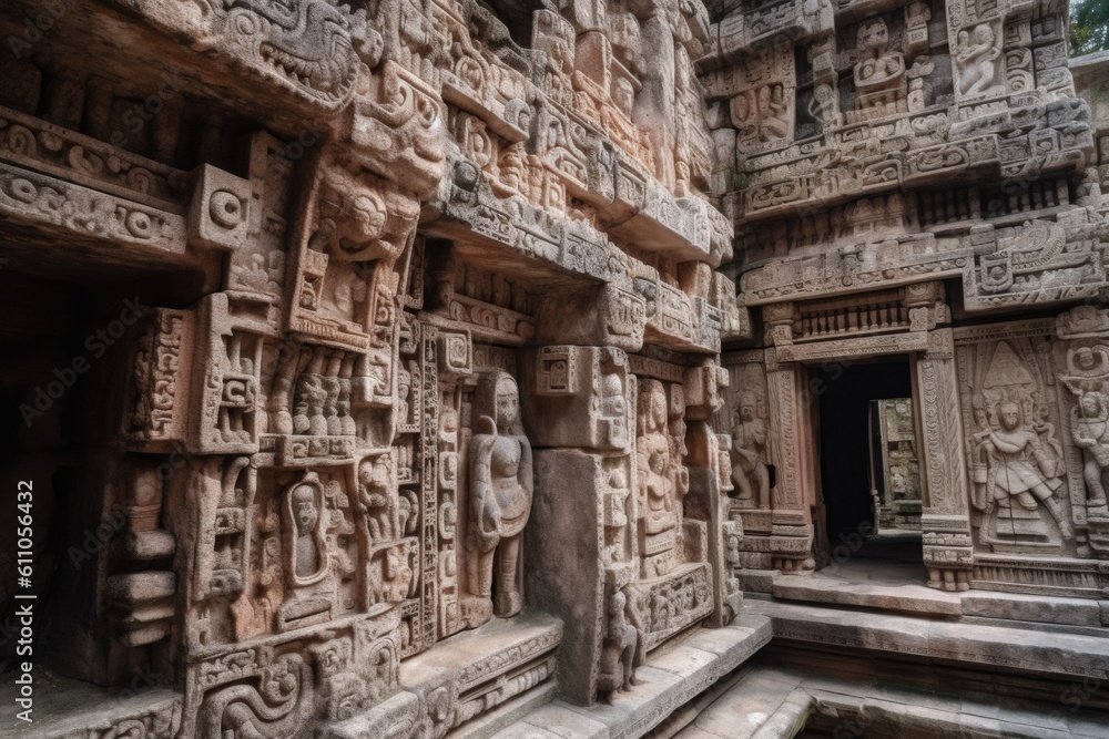 close-up of intricate carvings on stone ruins, created with generative ai