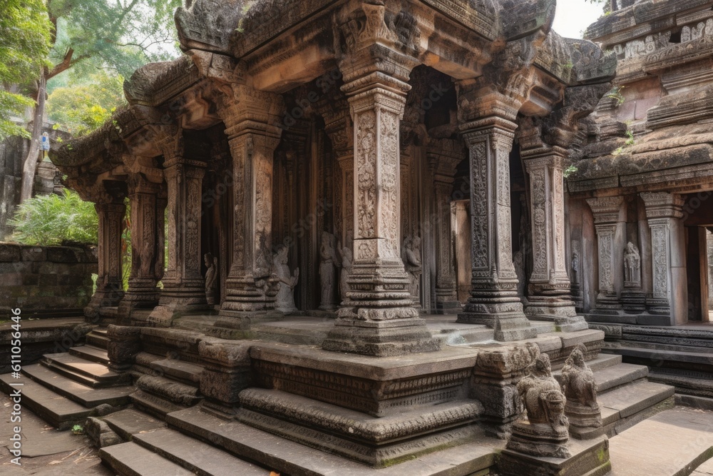 ancient temple, with intricate stone carvings and columns, created with generative ai
