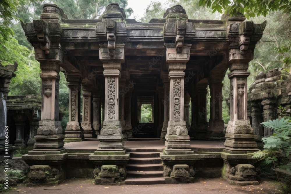ancient temple, with intricate stone carvings and columns, created with generative ai