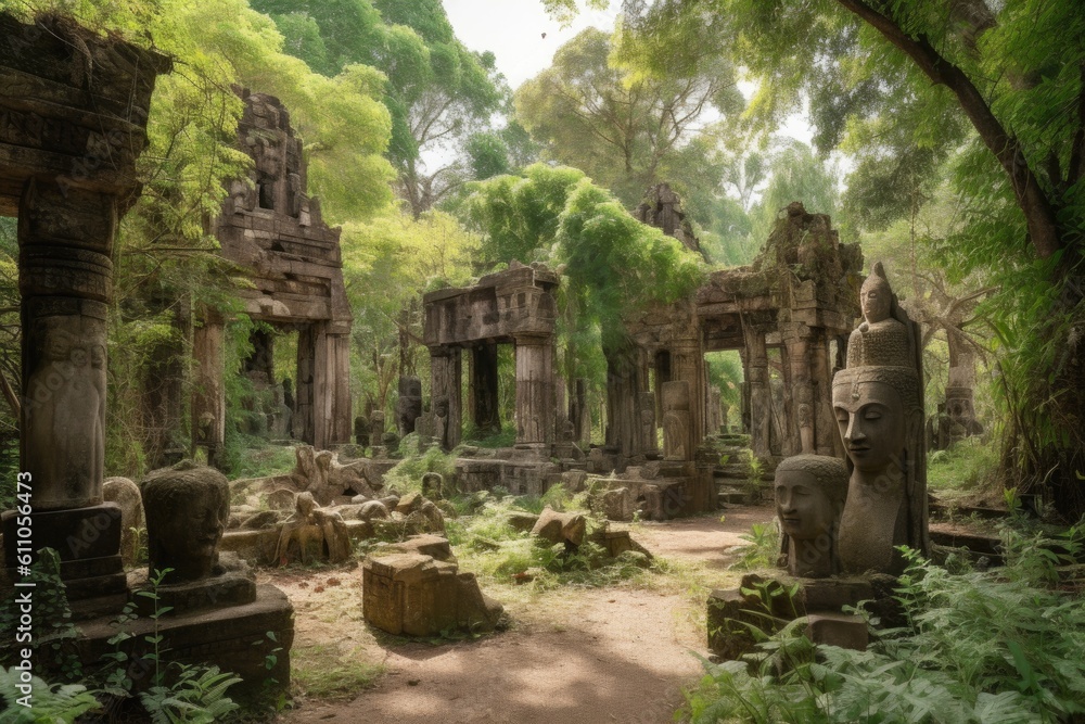 ancient ruins with towering stone statues and hidden treasures, created with generative ai
