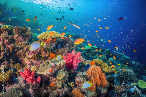 coral reef with schools of tropical fish swimming among colorful corals, created with generative ai