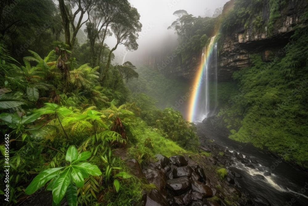 majestic waterfall, with mist and rainbows visible, surrounded by lush forest, created with generative ai