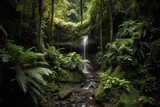 majestic cascading waterfall surrounded by lush greenery and towering trees, created with generative ai