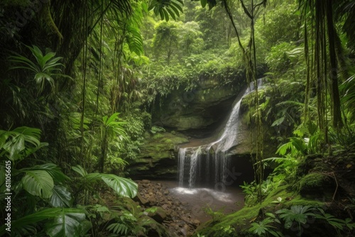 one cascading waterfall surrounded by a lush forest, with wildlife in view, created with generative ai