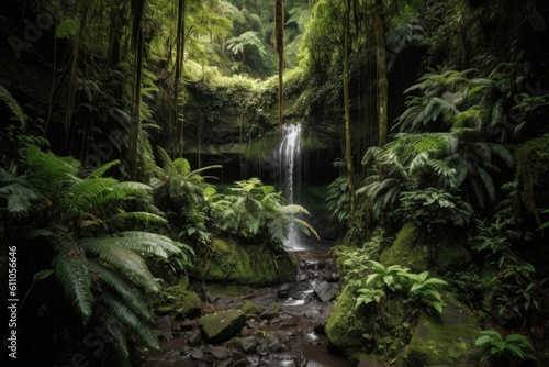 majestic cascading waterfall surrounded by lush greenery and towering trees, created with generative ai
