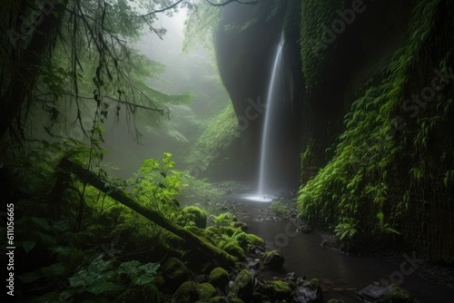 luminous waterfall  surrounded by mist and greenery  created with generative ai